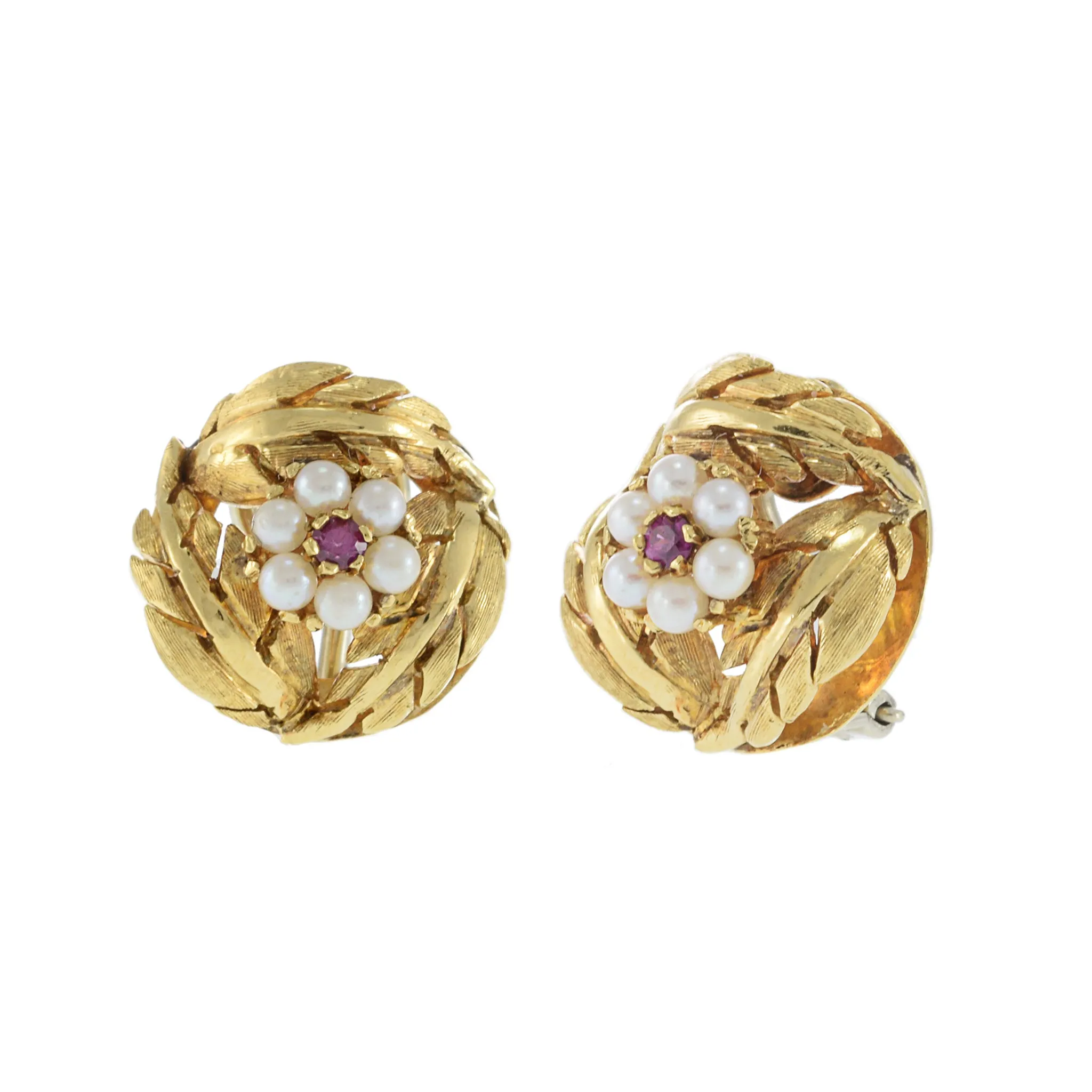 Vintage Retro Era 18KT Yellow Gold Leaf Pattern Earrings