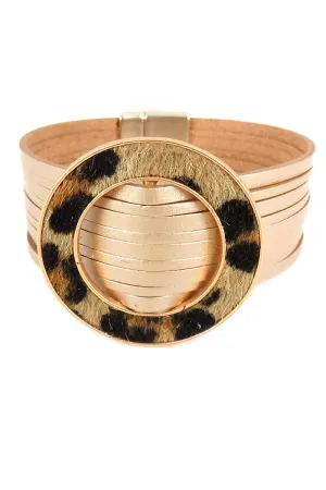 Viola Gold Faux Leather Brown Leopard Ring Multi-Strand Magnetic Bracelet