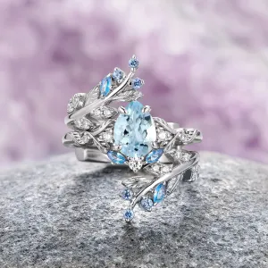 Wisteria Aquamarine Fairy Leaf Ring- 14K White Gold (Two Piece)